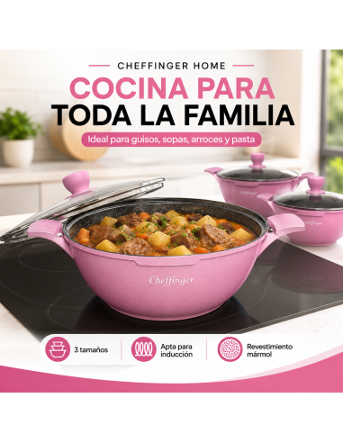 Batería de Cocina Cheffinger 6 Piezas Rosa 20/24/28 cm