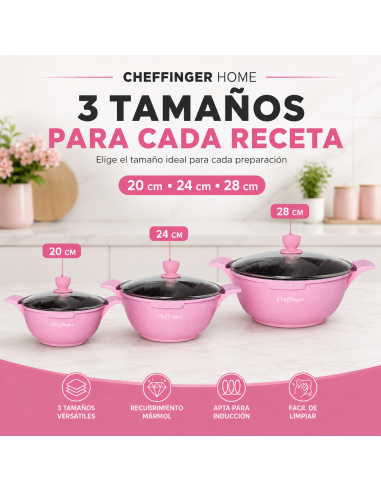 Batería de Cocina Cheffinger 6 Piezas Rosa 20/24/28 cm