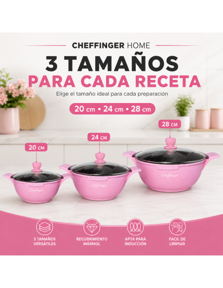 Batería de Cocina Cheffinger 6 Piezas Rosa 20/24/28 cm