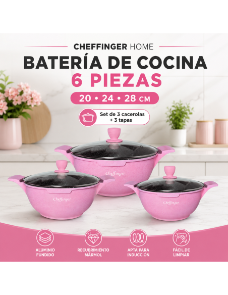 Batería de Cocina Cheffinger 6 Piezas Rosa 20/24/28 cm