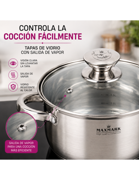 MAXMARK MK-3506A Juego de 3 Cacerolas Acero Inoxidable 2L 3L 4L