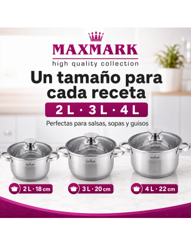 MAXMARK MK-3506A Juego de 3 Cacerolas Acero Inoxidable 2L 3L 4L