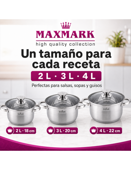 MAXMARK MK-3506A Juego de 3 Cacerolas Acero Inoxidable 2L 3L 4L