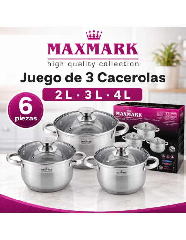MAXMARK MK-3506A Juego de 3 Cacerolas Acero Inoxidable 2L 3L 4L