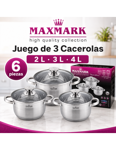 MAXMARK MK-3506A Juego de 3 Cacerolas Acero Inoxidable 2L 3L 4L