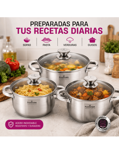 MAXMARK MK-3506A Juego de 3 Cacerolas Acero Inoxidable 2L 3L 4L