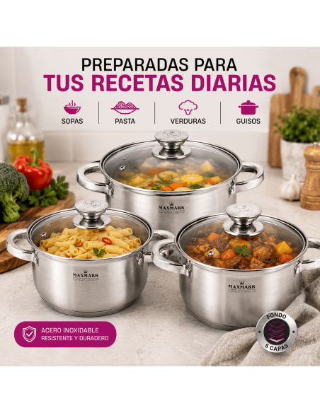 MAXMARK MK-3506A Juego de 3 Cacerolas Acero Inoxidable 2L 3L 4L