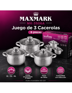 MAXMARK MK-3506A Juego de 3 Cacerolas Acero Inoxidable 2L 3L 4L