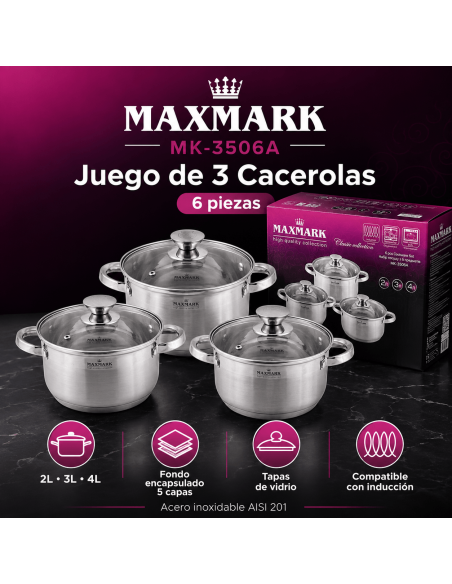 MAXMARK MK-3506A Juego de 3 Cacerolas Acero Inoxidable 2L 3L 4L