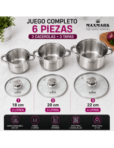 MAXMARK MK-3506A Juego de 3 Cacerolas Acero Inoxidable 2L 3L 4L 2