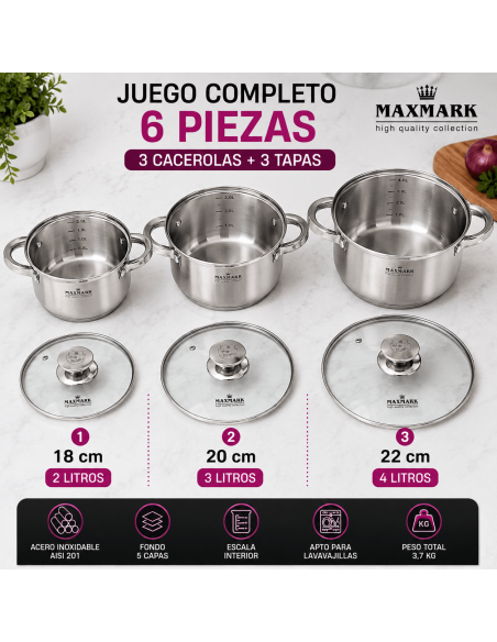 MAXMARK MK-3506A Juego de 3 Cacerolas Acero Inoxidable 2L 3L 4L