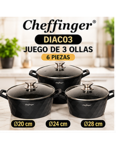 Juego de 3 Ollas Cheffinger DIAC03 Negro 6 Piezas | Rematexprime