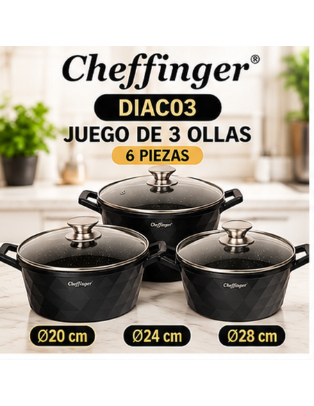 Juego de 3 Ollas Cheffinger DIAC03 Negro 6 Piezas | Rematexprime