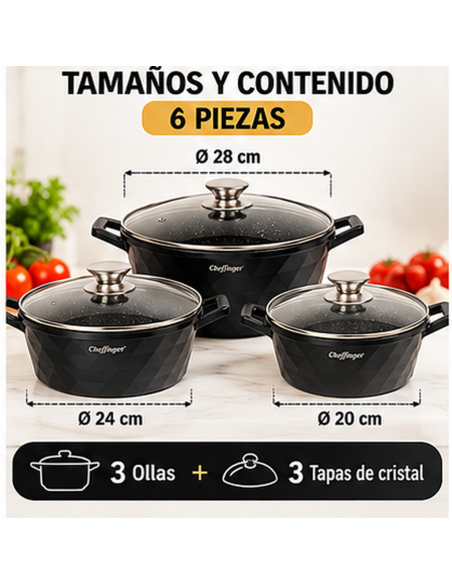 Juego de 3 Ollas Cheffinger DIAC03 Negro 6 Piezas | Rematexprime