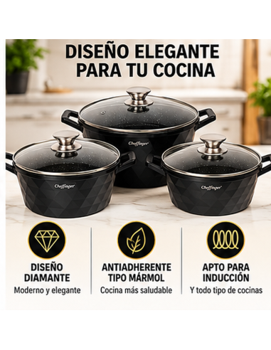 Juego de 3 Ollas Cheffinger DIAC03 Negro 6 Piezas | Rematexprime