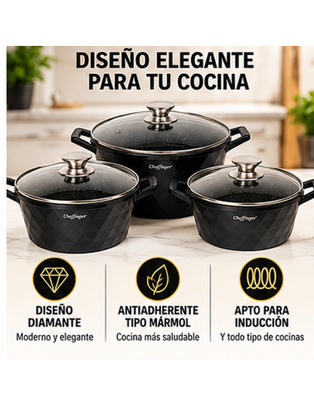 Juego de 3 Ollas Cheffinger DIAC03 Negro 6 Piezas | Rematexprime