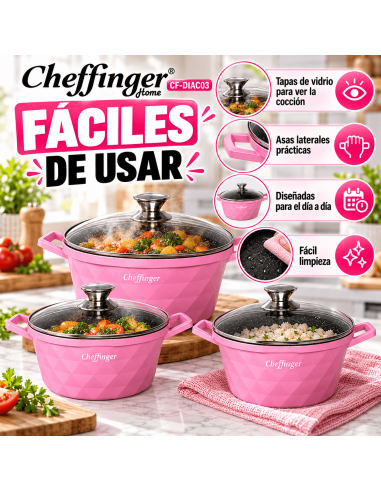 Cheffinger DIAC03 Rosa | Juego 3 Ollas 6 Piezas