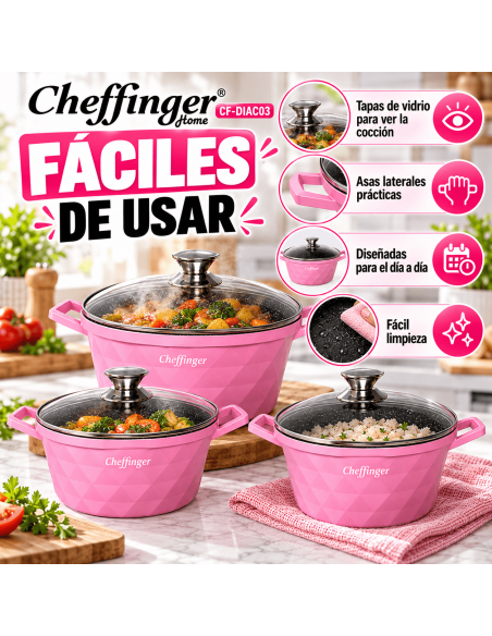 Cheffinger DIAC03 Rosa | Juego 3 Ollas 6 Piezas
