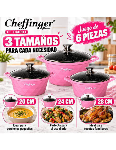 Cheffinger DIAC03 Rosa | Juego 3 Ollas 6 Piezas