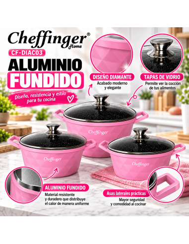 Cheffinger DIAC03 Rosa | Juego 3 Ollas 6 Piezas
