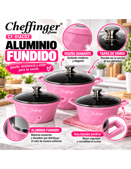 Cheffinger DIAC03 Rosa | Juego 3 Ollas 6 Piezas
