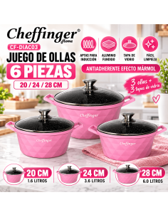 Cheffinger DIAC03 Rosa | Juego 3 Ollas 6 Piezas