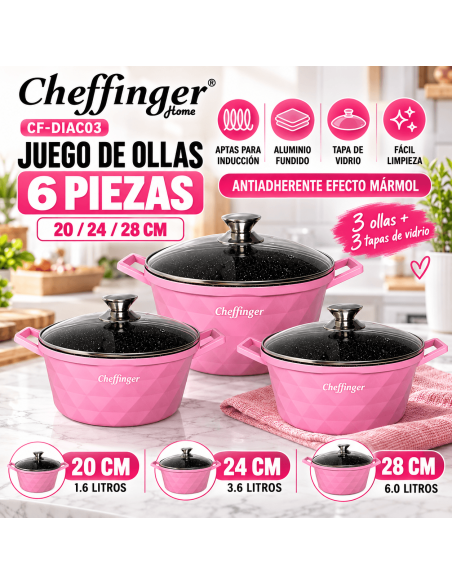 Cheffinger DIAC03 Rosa | Juego 3 Ollas 6 Piezas