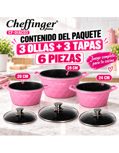 Cheffinger DIAC03 Rosa | Juego 3 Ollas 6 Piezas