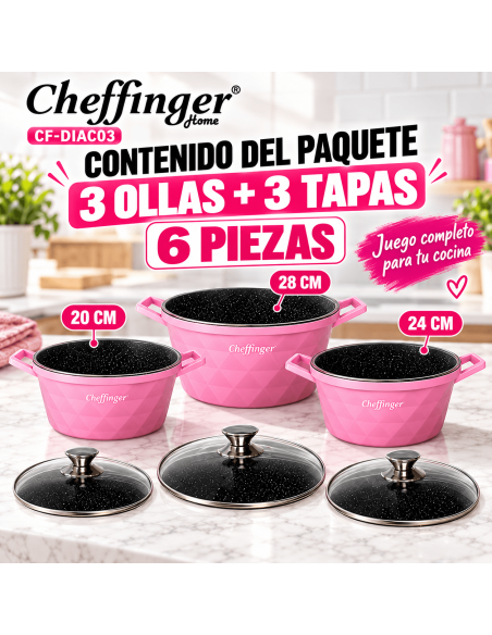 Cheffinger DIAC03 Rosa | Juego 3 Ollas 6 Piezas