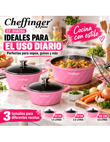 Cheffinger DIAC03 Rosa | Juego 3 Ollas 6 Piezas