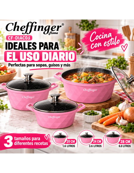 Cheffinger DIAC03 Rosa | Juego 3 Ollas 6 Piezas