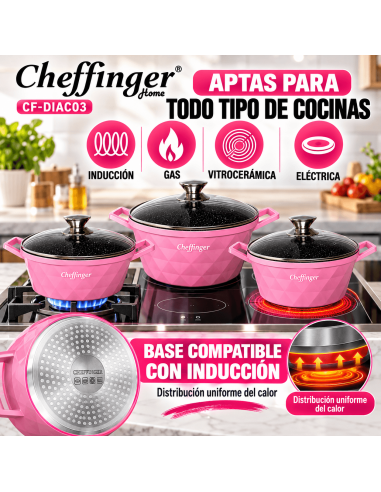 Cheffinger DIAC03 Rosa | Juego 3 Ollas 6 Piezas