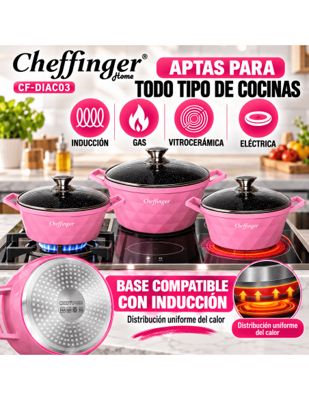 Cheffinger DIAC03 Rosa | Juego 3 Ollas 6 Piezas