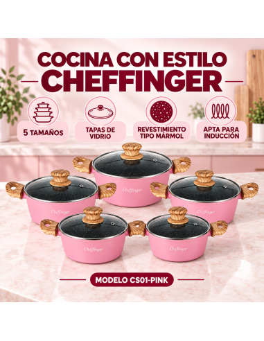 Cheffinger CS01-PINK | 5 Cazuelas Rosa para Inducción