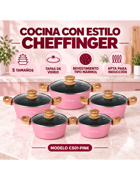 Cheffinger CS01-PINK | 5 Cazuelas Rosa para Inducción