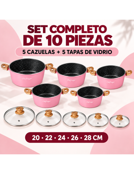 Cheffinger CS01-PINK | 5 Cazuelas Rosa para Inducción