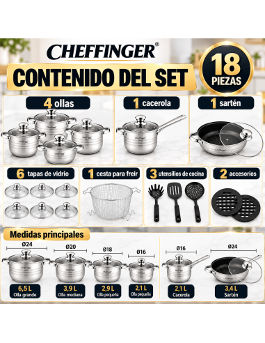 Cheffinger CF-1830M | Batería de Cocina 18 Piezas