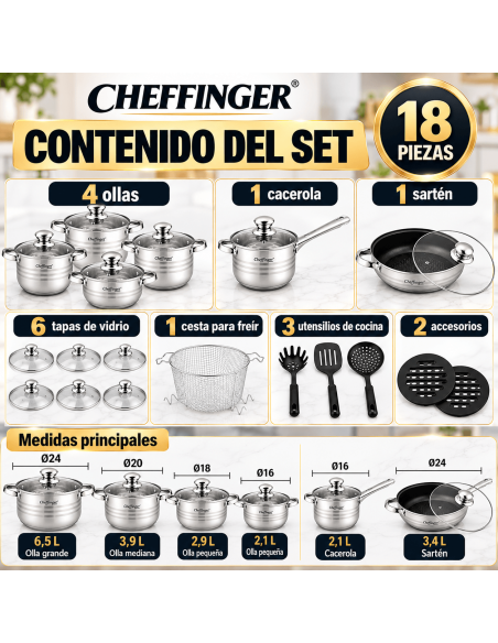Cheffinger CF-1830M | Batería de Cocina 18 Piezas