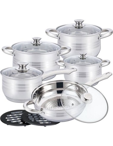 Batería de cocina Cheffinger - 12 piezas - Plata - Acero inoxidable - Sartenes - Inducción