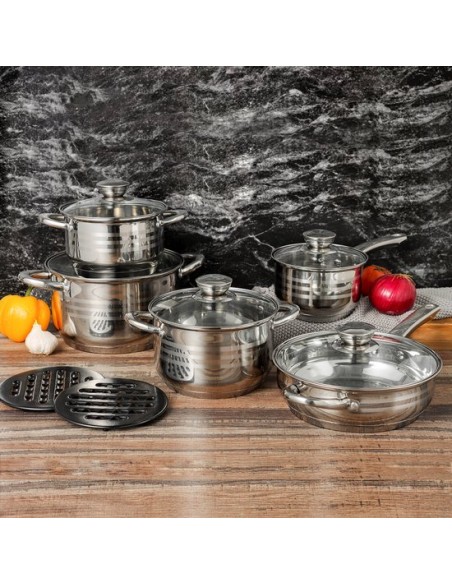 Batería de cocina Cheffinger - 12 piezas - Plata - Acero inoxidable - Sartenes - Inducción